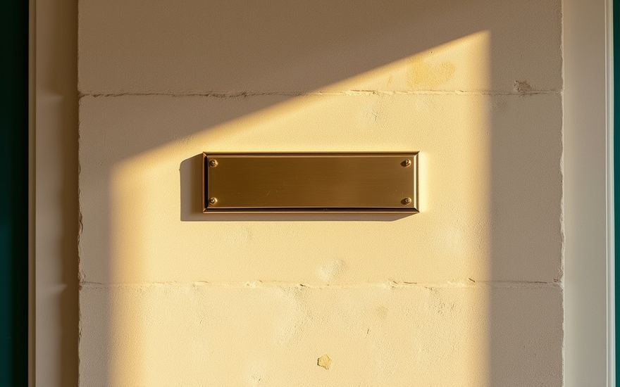 Tyhjä messinkinen nimikilpi kalkkikiviseinässä